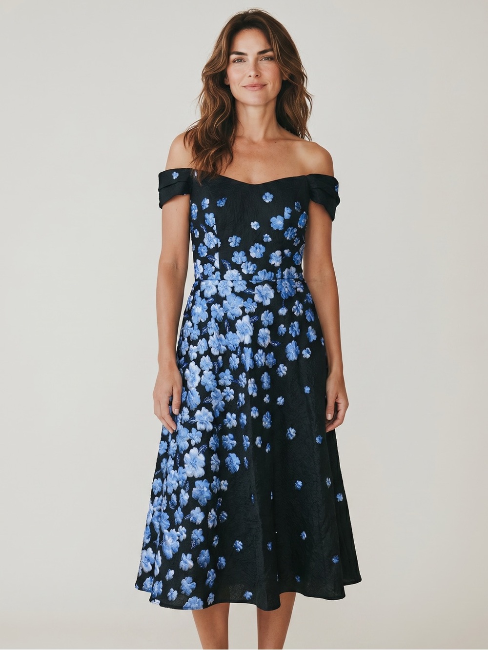 Off-Shoulder Black Dress with Blue Floral Print Carmen Marc Valvo size 8